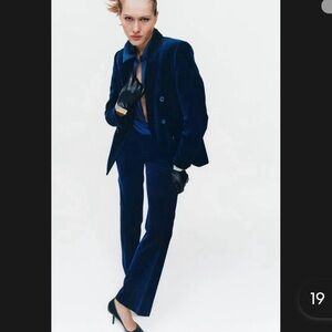Zara Velvet Double-Breasted Navy Blue Blazer Suit
